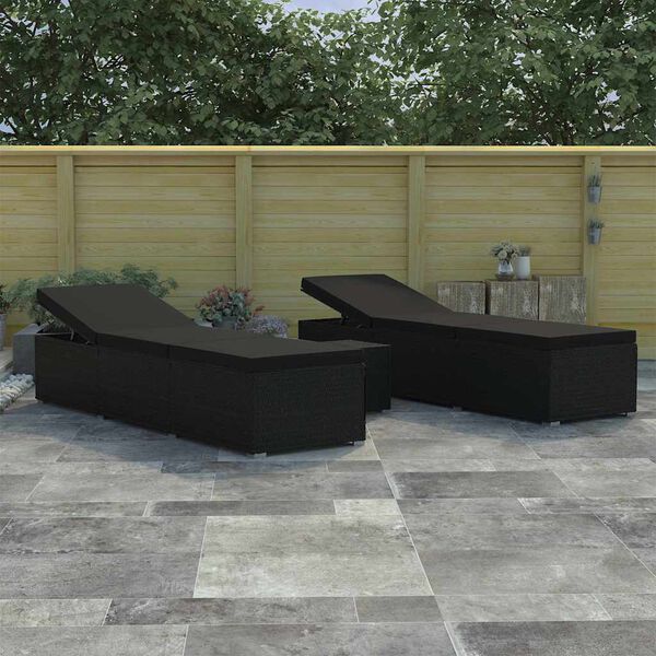 vidaXL Tumbonas de jard&iacute;n con coj&iacute;n 3 pcs Negro Polirat&aacute;n
