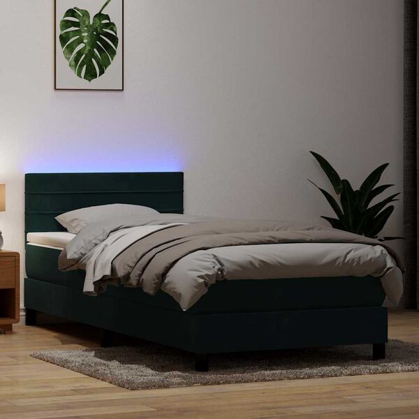 vidaXL Cama box spring con colch&oacute;n y LED terciopelo verde oscuro 80x220 cm