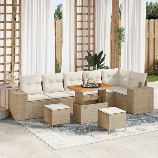 vidaXL Conjunto de sof&aacute; de jard&iacute;n 9 pcs Beige rat&aacute;n sint&eacute;tico
