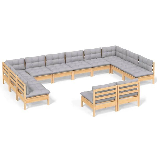 vidaXL Muebles de jard&iacute;n 12 pzas y cojines madera maciza de pino gris
