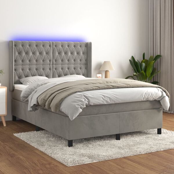 vidaXL Cama box spring colchón y LED terciopelo gris claro 140x200 cm