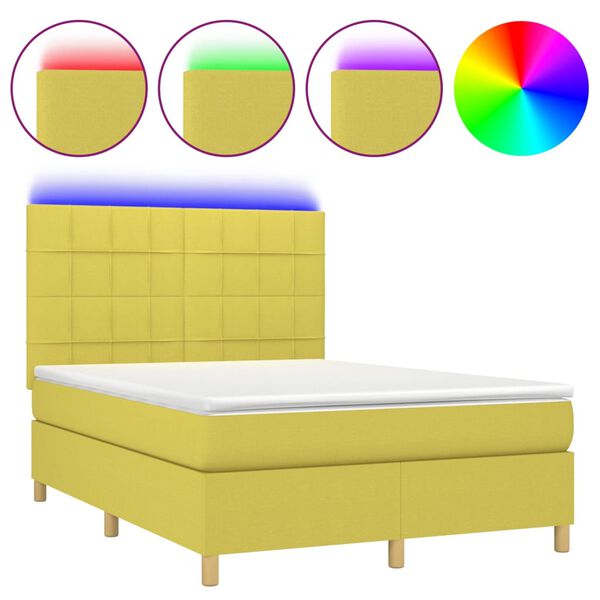 vidaXL Cama box spring colch&oacute;n y luces LED tela verde 140x190 cm