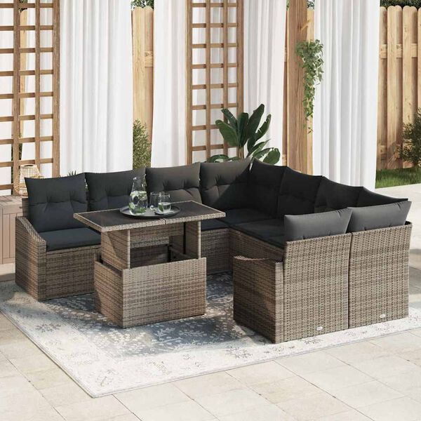 vidaXL Conjunto de sof&aacute; de jard&iacute;n 9 pcs Gris Polirat&aacute;n