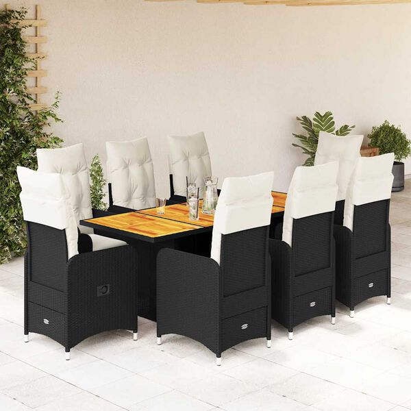 vidaXL Set de mesa y sillas de jard&iacute;n 9 pzas y cojines rat&aacute;n PE negro