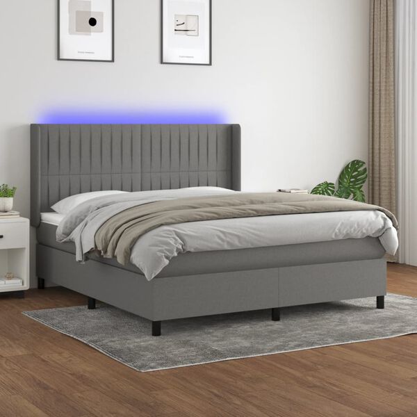 vidaXL Cama box spring colch&oacute;n y luces LED tela gris oscuro 160x200 cm