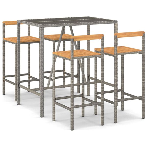 vidaXL Mesa bar y taburetes jardín 5 pzas madera acacia ratán PE gris