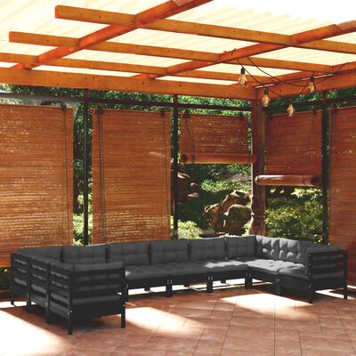 vidaXL Muebles de jardín 10 pzas con cojines negro madera de pino