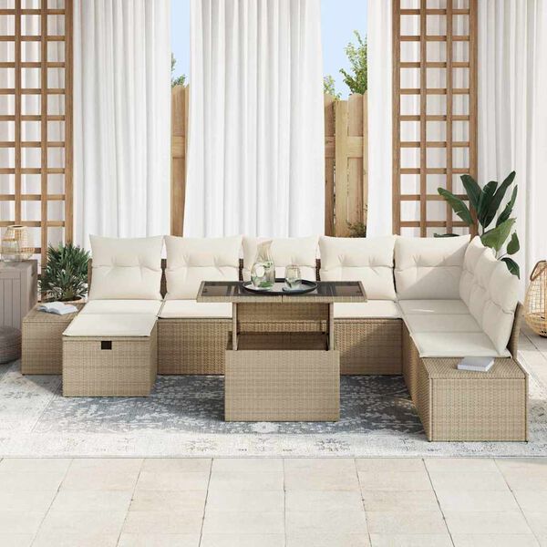 vidaXL Conjunto de sof&aacute; de jard&iacute;n 9 pcs Beige rat&aacute;n sint&eacute;tico