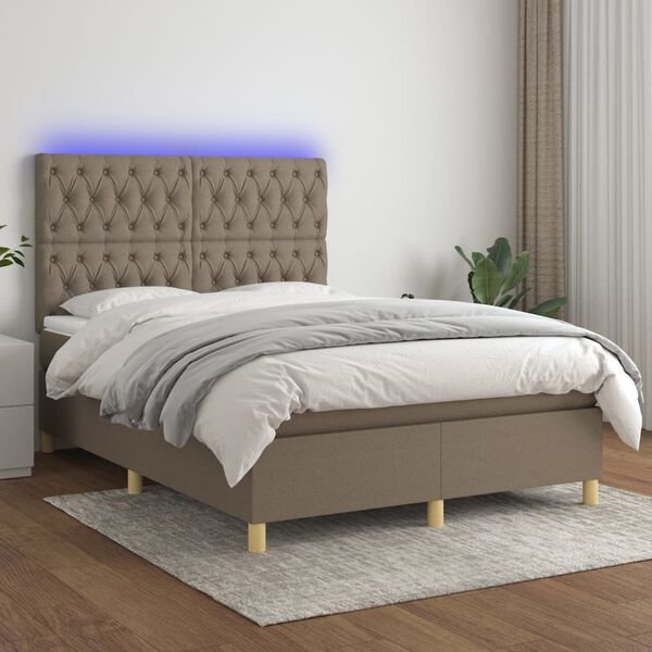 vidaXL Cama box spring colch&oacute;n y luces LED tela gris taupe 140x190 cm