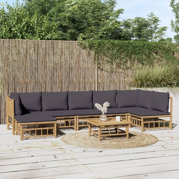 vidaXL Set de muebles de jard&iacute;n 8 piezas bamb&uacute; con cojines gris oscuro