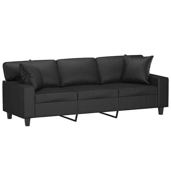 vidaXL Sof&aacute; 3 plazas almohadas y cojines cuero sint&eacute;tico negro 180 cm
