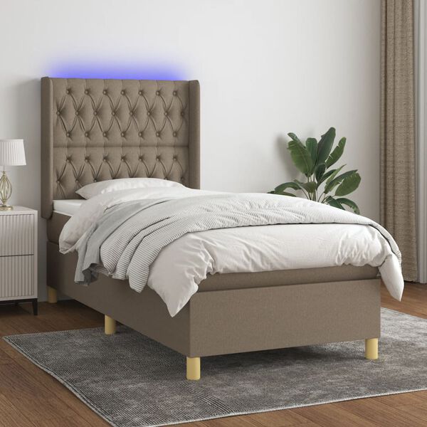 vidaXL Cama box spring colch&oacute;n y luces LED tela gris taupe 90x190 cm
