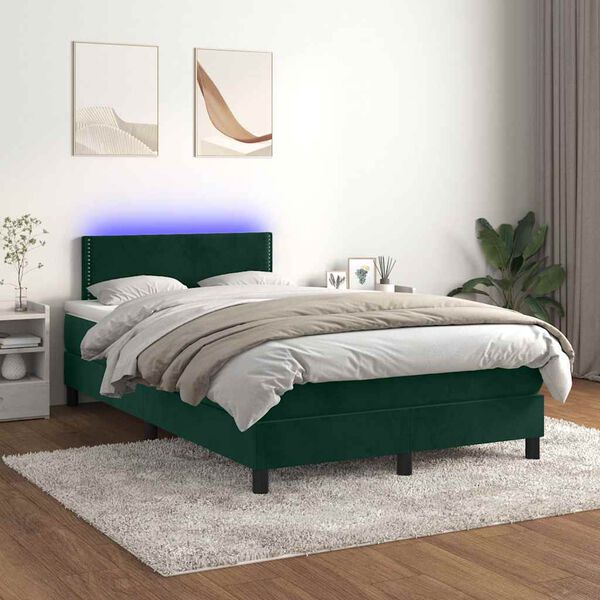 vidaXL Cama box spring colch&oacute;n y LED terciopelo verde oscuro 120x200cm