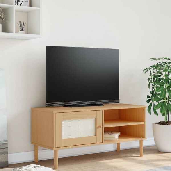 vidaXL Mueble de TV SENJA aspecto ratán madera pino marrón 106x40x49cm