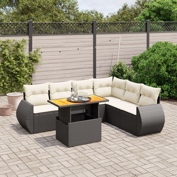 vidaXL Set de comedor de jard&iacute;n 7 pzas y cojines rat&aacute;n sint&eacute;tico negro