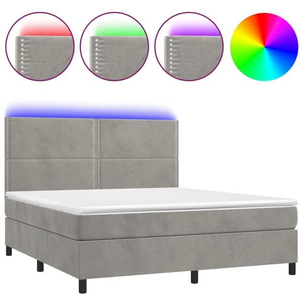 vidaXL Cama box spring colch&oacute;n y LED terciopelo gris claro 160x200 cm
