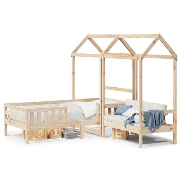 vidaXL Set de cama y banco con techo madera maciza de pino 75x190 cm