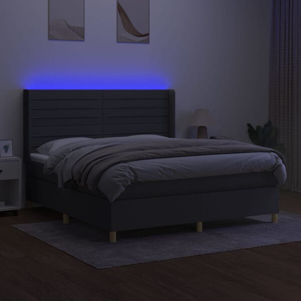 vidaXL Cama box spring colchón y luces LED tela gris oscuro 180x200 cm