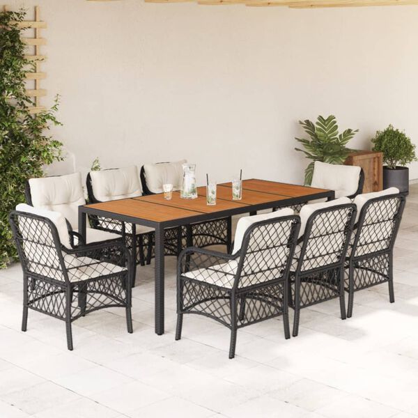 vidaXL Set de comedor de jard&iacute;n 9 pzas y cojines rat&aacute;n sint&eacute;tico negro