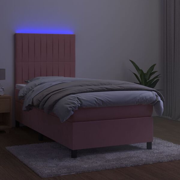vidaXL Cama box spring colch&oacute;n y LED terciopelo rosa 90x200 cm