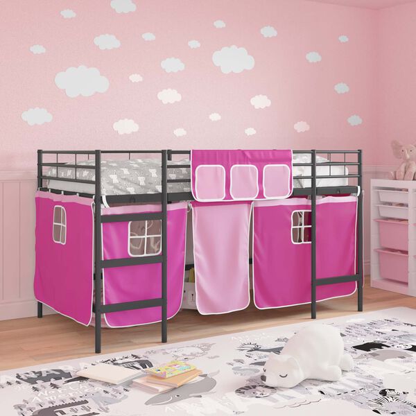 vidaXL Estructura de Cama Alta para Ni&ntilde;os con Cortinas Negro y Rosa