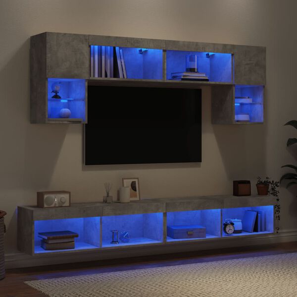 vidaXL Muebles TV pared con LED 6 pzas madera ingenier&iacute;a gris hormig&oacute;n