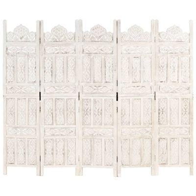 vidaXL Biombo 5 paneles tallado a mano madera mango blanco 200x165 cm