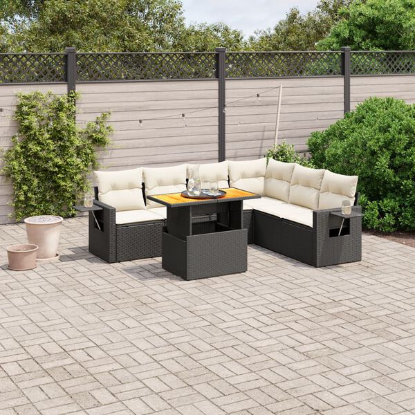 vidaXL Set de comedor de jard&iacute;n 7 pzas y cojines rat&aacute;n sint&eacute;tico negro