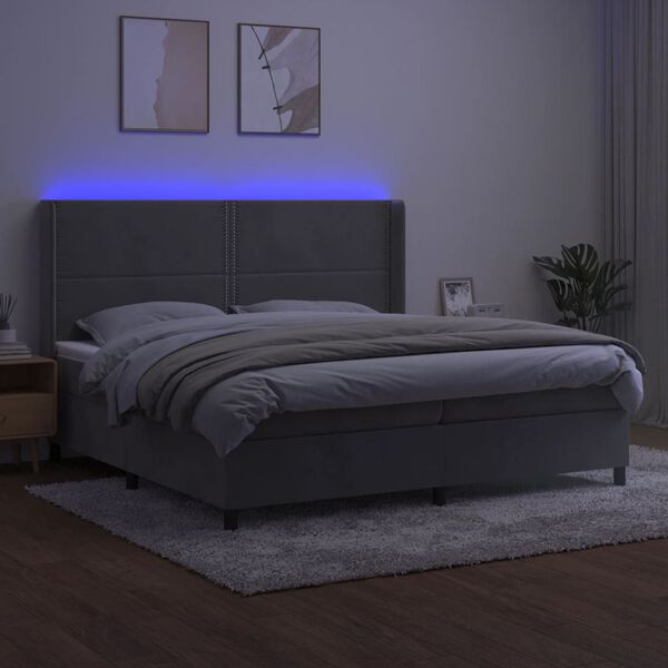 vidaXL Cama box spring colch&oacute;n y LED terciopelo gris claro 200x200 cm