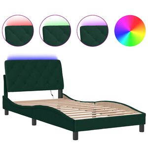 vidaXL Estructura de cama con LED sin colch&oacute;n terciopelo verde oscuro 100x200 cm