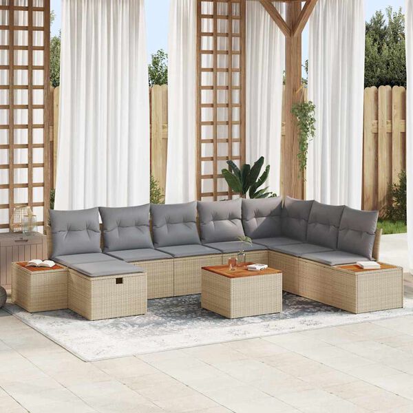 vidaXL Conjunto de sof&aacute; de jard&iacute;n con almohada 9 pcs Beige Polirat&aacute;n