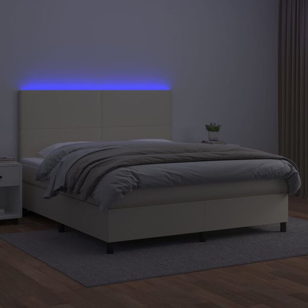vidaXL Cama box spring colch&oacute;n y LED cuero sint&eacute;tico crema 180x200 cm