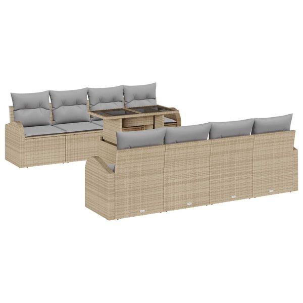 vidaXL Conjunto de sof&aacute; de jard&iacute;n 9 pcs Beige Rattan de Poli&eacute;ster