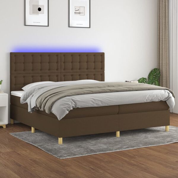 vidaXL Cama box spring colch&oacute;n luces LED tela marr&oacute;n oscuro 200x200 cm