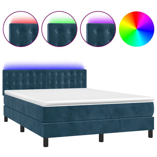 vidaXL Cama box spring colch&oacute;n y LED terciopelo azul oscuro 140x190 cm