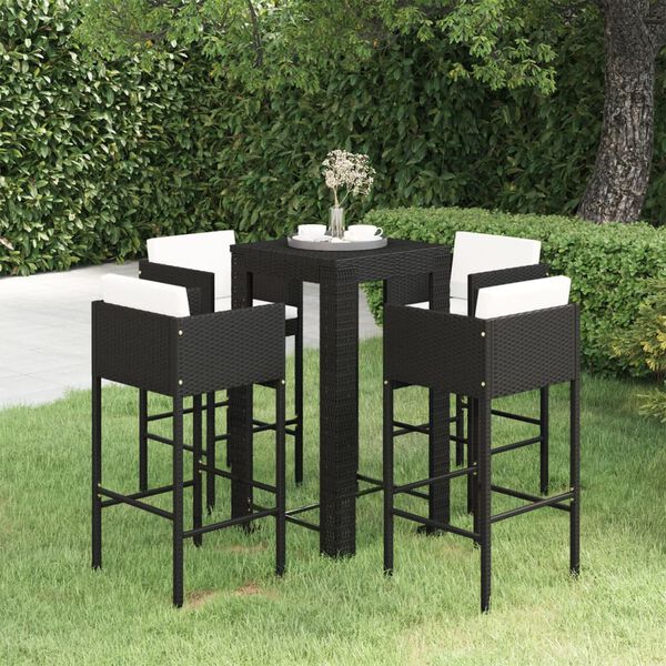 vidaXL Set muebles bar jardín 5 piezas y cojines ratán sintético negro
