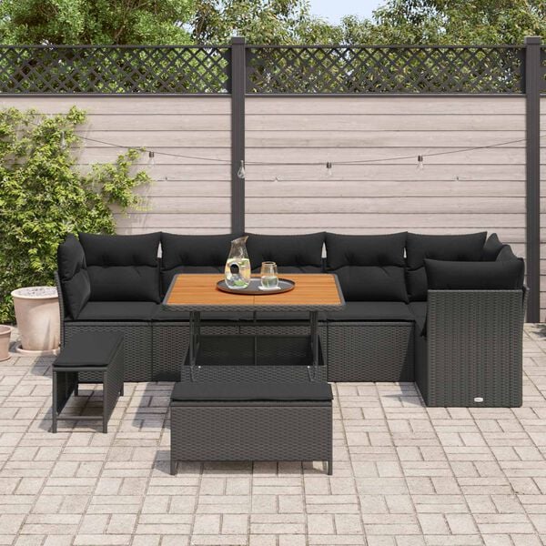 vidaXL Conjunto de sof&aacute; de jard&iacute;n con coj&iacute;n 9 pcs Negro