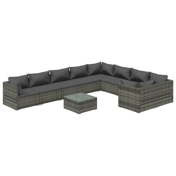 vidaXL Set de muebles de jard&iacute;n 10 pzas y cojines rat&aacute;n sint&eacute;tico gris
