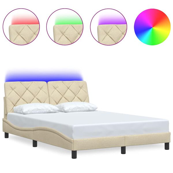 vidaXL Estructura de cama con LED sin colch&oacute;n tela crema 140x200 cm