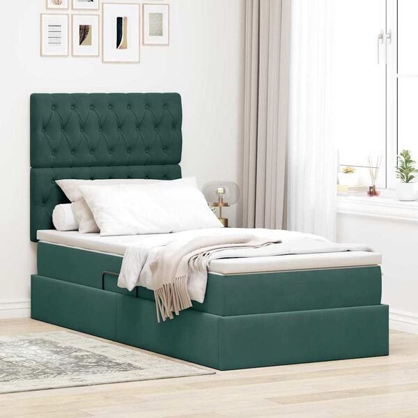 vidaXL Cama con almacenamiento y colch&oacute;n Verde oscuro 90 x 200 cm