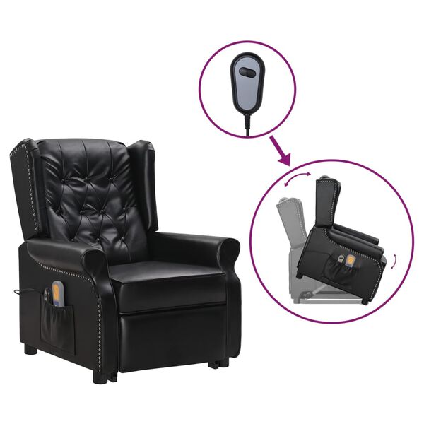 vidaXL Sill&oacute;n elevable de masaje de cuero artificial negro brillo