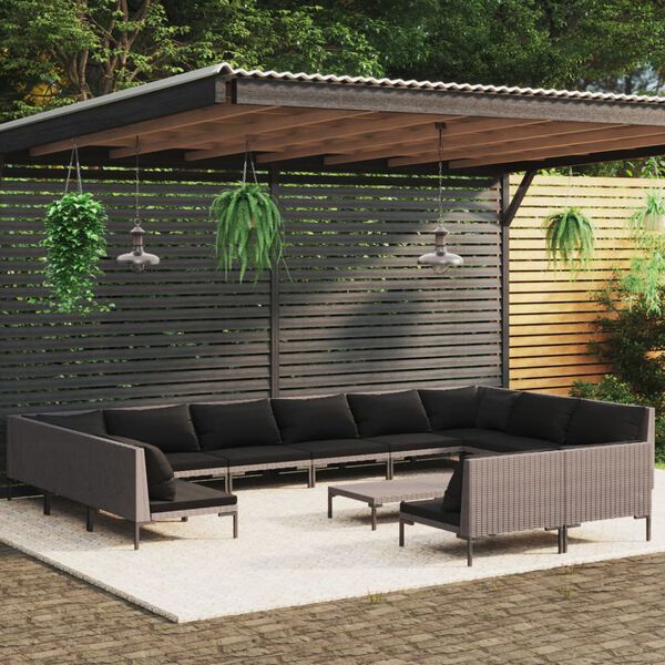 vidaXL Muebles de jardín 13 pzas y cojines ratán sintético gris oscuro