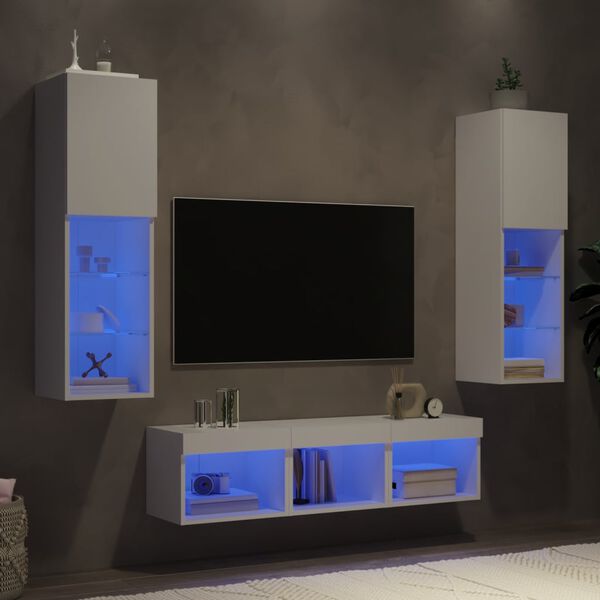 vidaXL Muebles de TV de pared con LED 5 pzas madera ingenier&iacute;a blanco