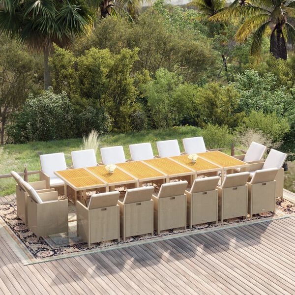 vidaXL Juego comedor jard&iacute;n 17 pzas con cojines rat&aacute;n sint&eacute;tico beige
