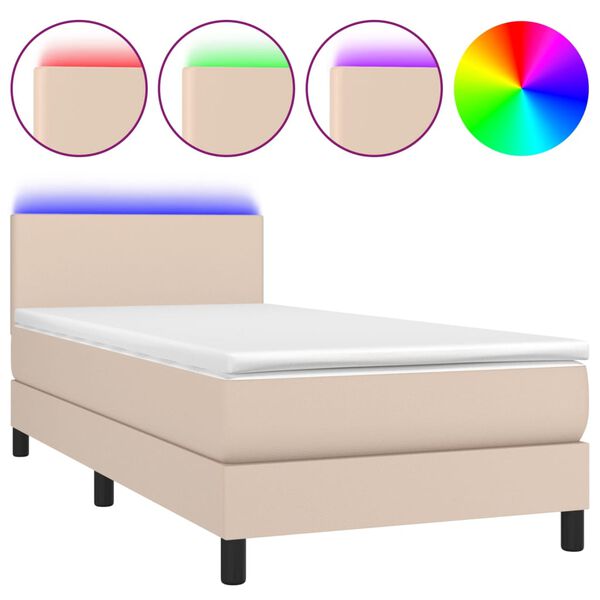 vidaXL Cama box spring colchón LED cuero sintético capuchino 90x200 cm
