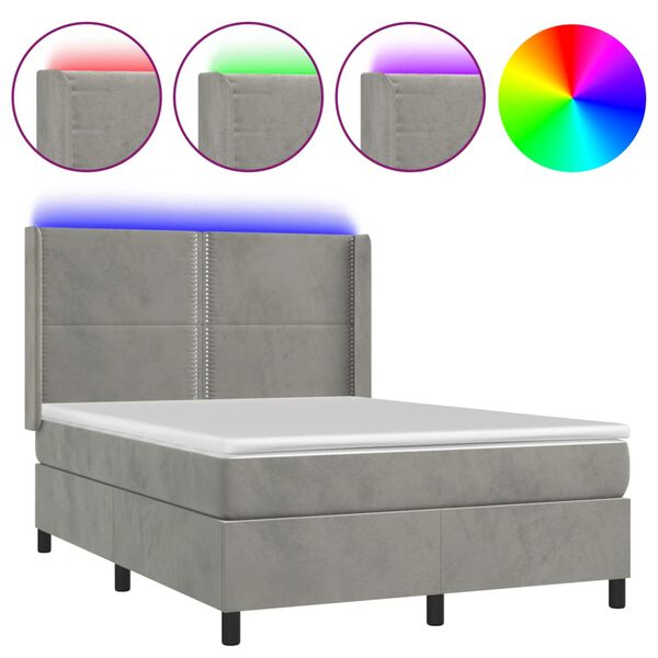vidaXL Cama box spring colchón y LED terciopelo gris claro 140x190 cm