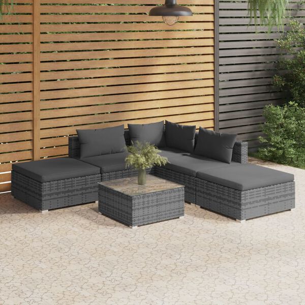 vidaXL Set de muebles de jard&iacute;n 6 pzas y cojines rat&aacute;n sint&eacute;tico gris