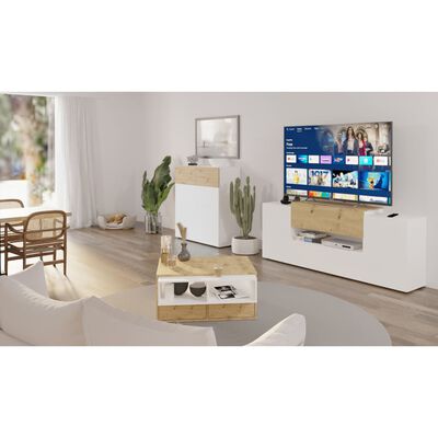 FMD Mueble de TV/equipos de música roble y blanco 182x33x70,2 cm