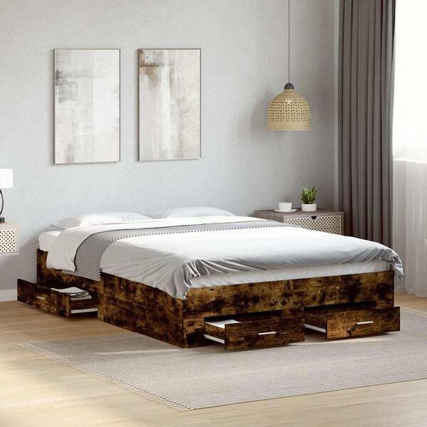 vidaXL Cama con cajones madera de ingeniería roble ahumado 135x190 cm