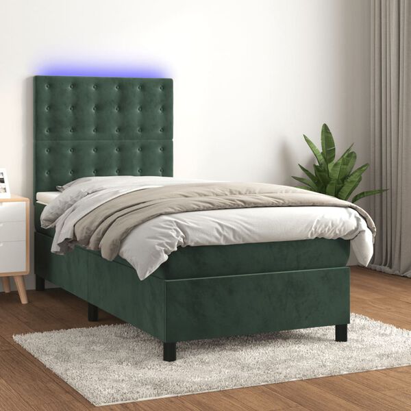vidaXL Cama box spring colchón y LED terciopelo verde oscuro 90x200 cm